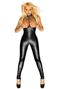 F125 NH534754(R1-K2)-OK Schwarzes Wetlook Catsuit Busenf...